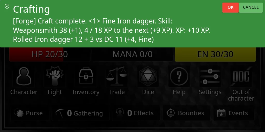 The Crafting notice on the HUD: Craft complete. 1 Fine Iron dagger. Skill: Weaponsmith 38 (+1), 4 / 18 XP to the next (+9 XP). XP: +10 XP, and the roll