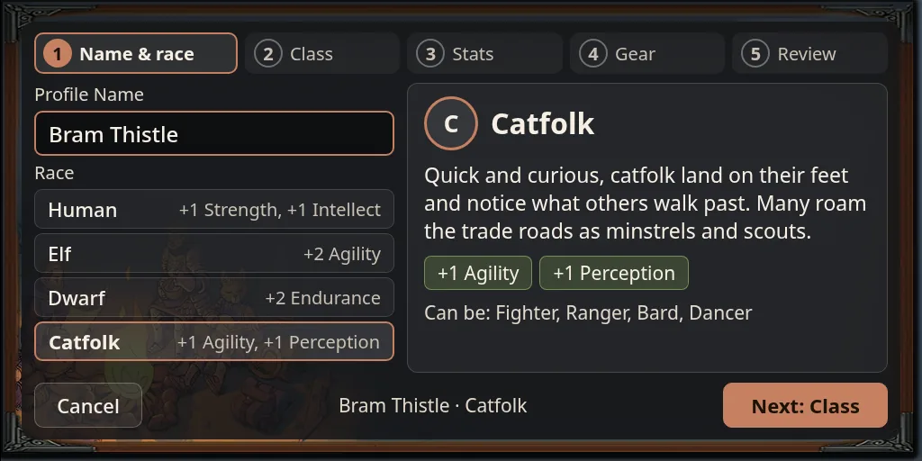 Character creation, first step: a name, a list of races with their bonuses, and the chosen race's description