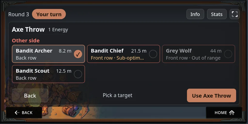 The target picker with distances, rows and range bands beside each name