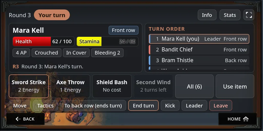 The fight page at half size on your turn, with the ability buttons along the bottom