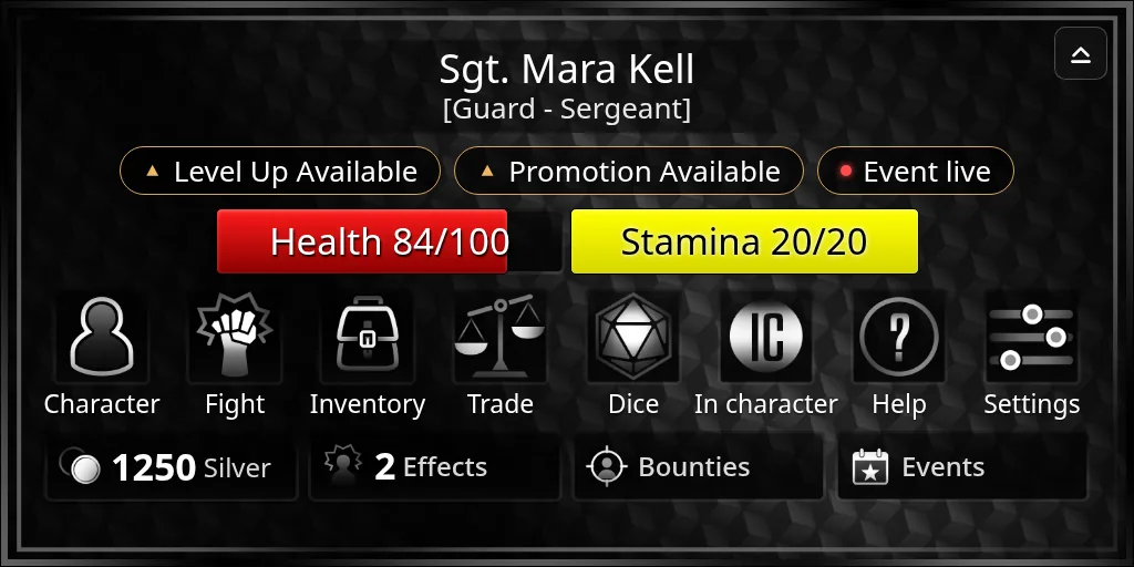 The HUD's Home screen in the default theme, with health and stamina bars and a row of buttons