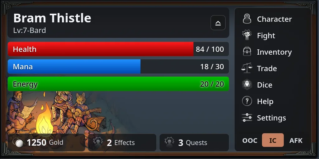 The HUD's Home screen with health, mana and energy bars and a menu down the side, in a fantasy theme