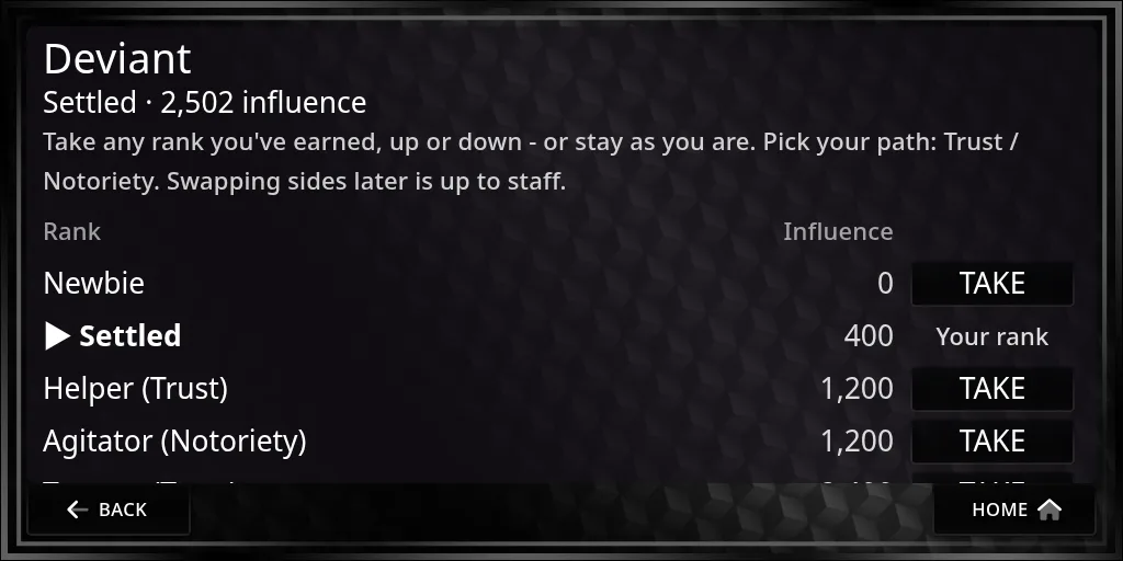 The Promotion page for a group: Settled with 2,502 influence, “Pick your path: Trust / Notoriety”, and the ladder - Newbie at 0 with Take, Settled at 400 marked Your rank, then Helper (Trust) and Agitator (Notoriety) at 1,200 with Take