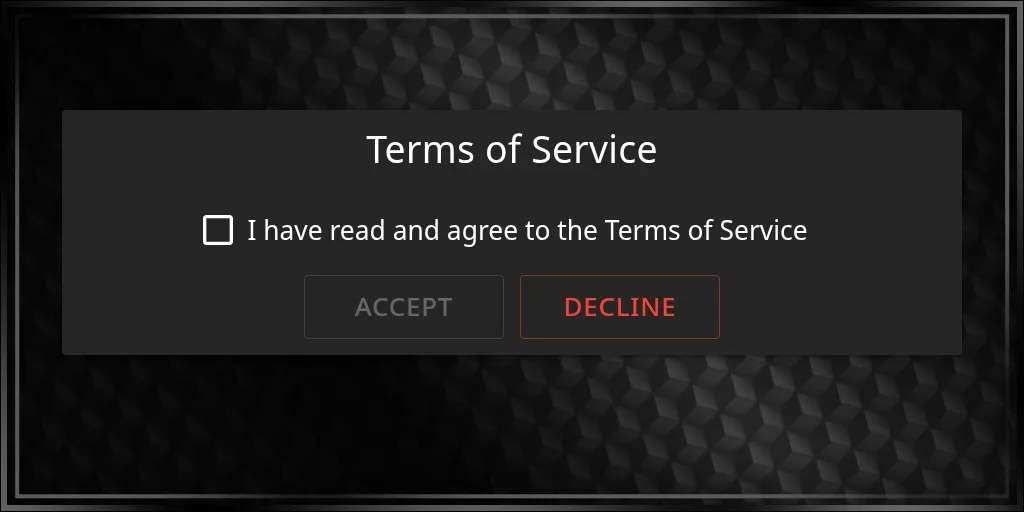 The HUD’s Terms of Service page: the box “I have read and agree to the Terms of Service”, with Accept greyed out until it’s ticked, and Decline