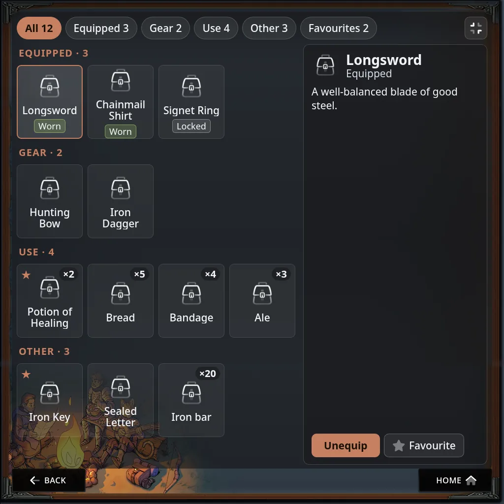 The Inventory page at full size, with items grouped under Equipped, Gear, Use and Other, and the picked item’s details on the right