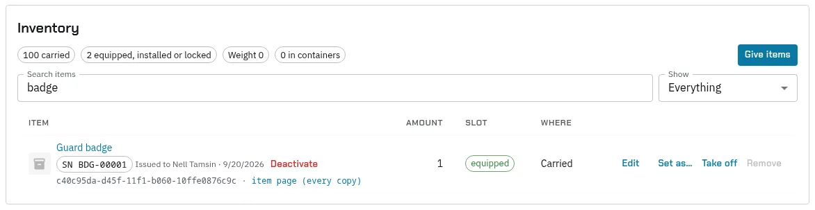 A character’s Inventory tab searched for badge: Guard badge with SN BDG-00001, Issued to Nell Tamsin on 9/20/2026, and Deactivate