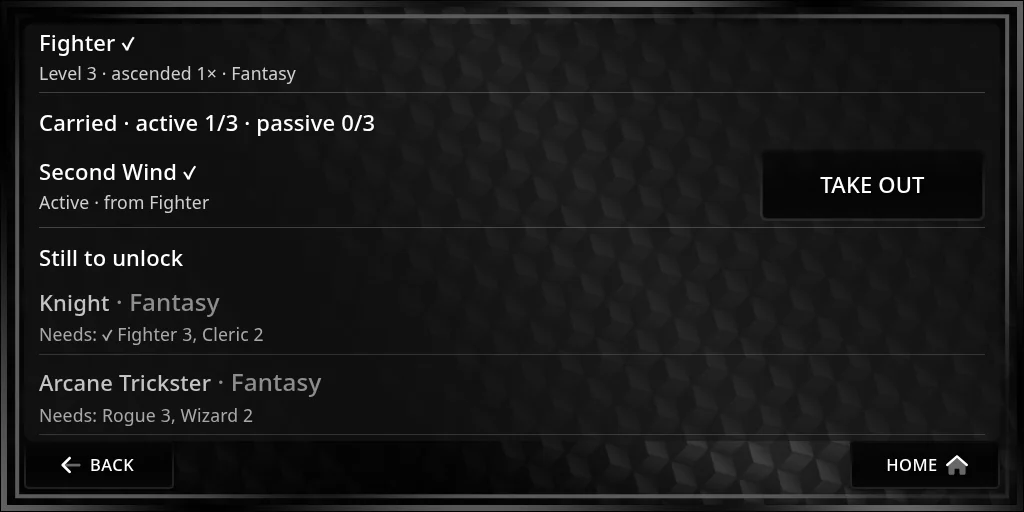 The bottom of the Jobs page: Fighter with a tick, level 3, ascended 1 time; Carried, active 1/3, passive 0/3, with Second Wind from Fighter in a slot and Take out; Still to unlock, Knight needing Fighter 3 (ticked) and Cleric 2, and Arcane Trickster needing Rogue 3 and Wizard 2