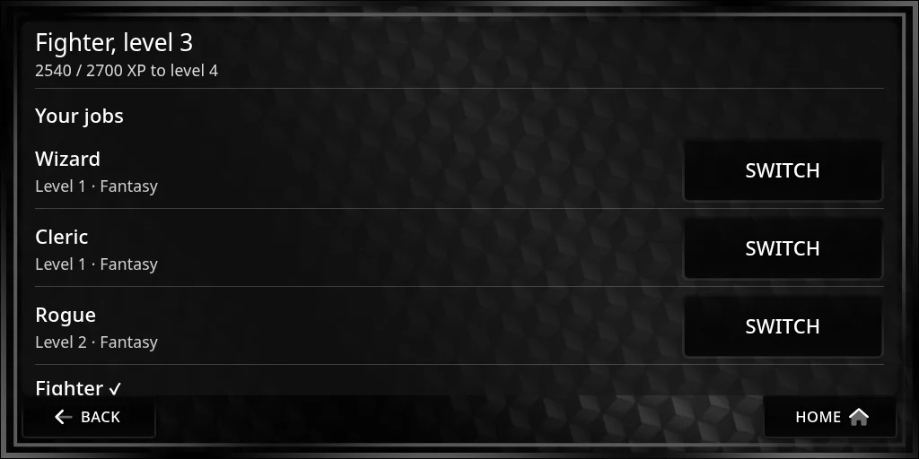 The Jobs page: Fighter, level 3, 2540 / 2700 XP to level 4, then Your jobs with Wizard level 1, Cleric level 1 and Rogue level 2, each with Switch