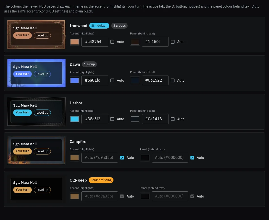 The website's theme editor: each HUD theme with its highlight and panel colours