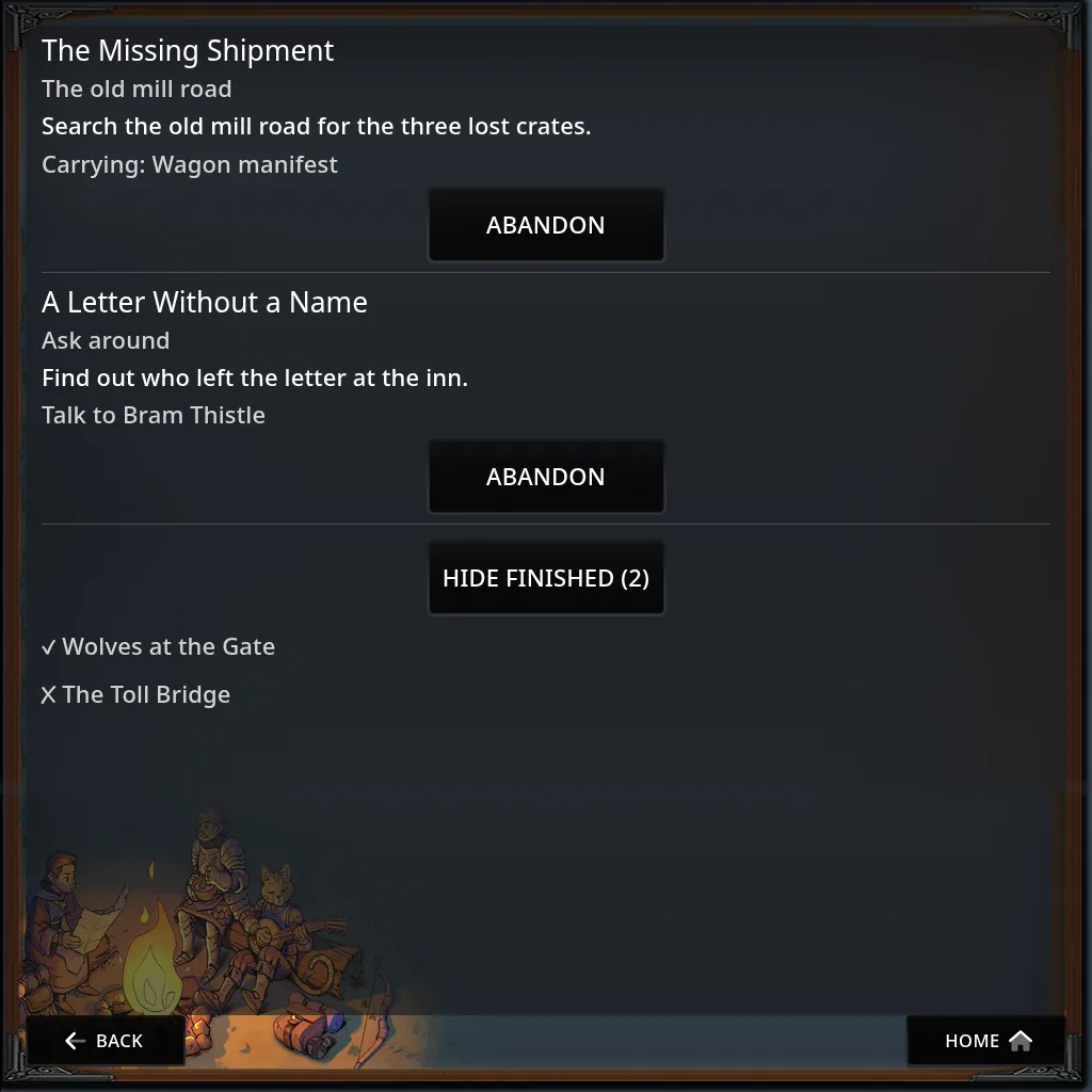 The quest journal with two quests, each showing its stage, what to do next, a Carrying or Talk to line and Abandon, and the finished quests listed under Hide finished with a tick or a cross