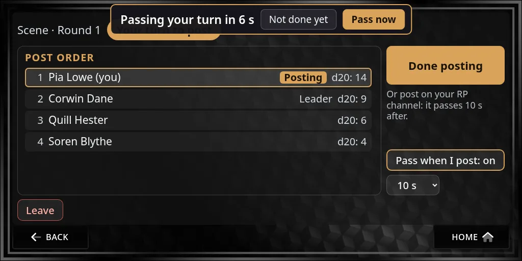Pass when I post: on, set to 10 s: the bar at the top reads Passing your turn in 6 s, with Not done yet and Pass now