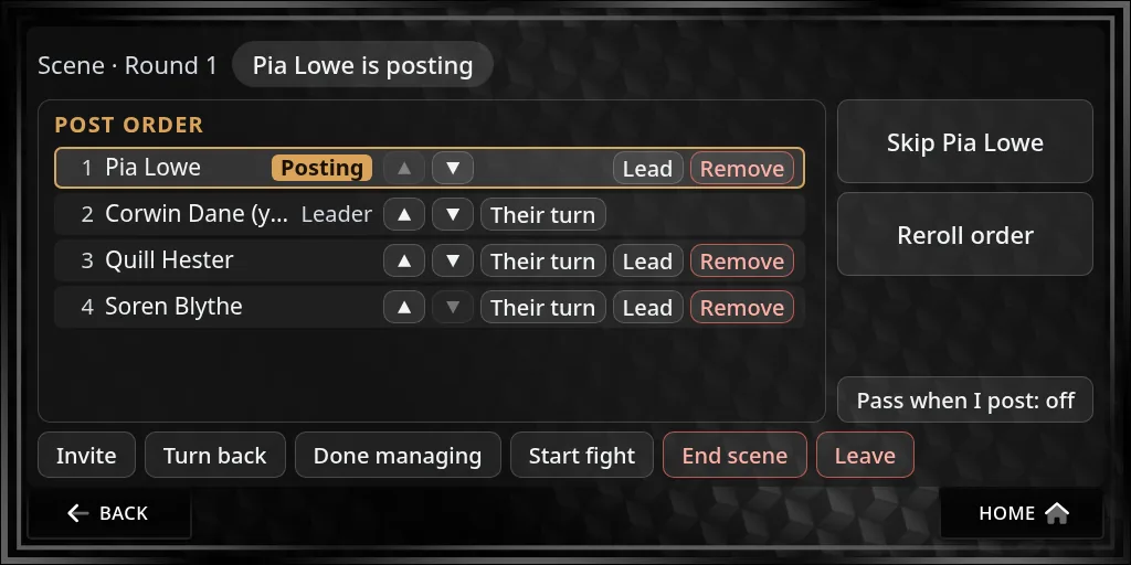 Manage on: ▲ and ▼, Their turn, Lead and Remove next to each person, and Turn back, Reroll order and Done managing