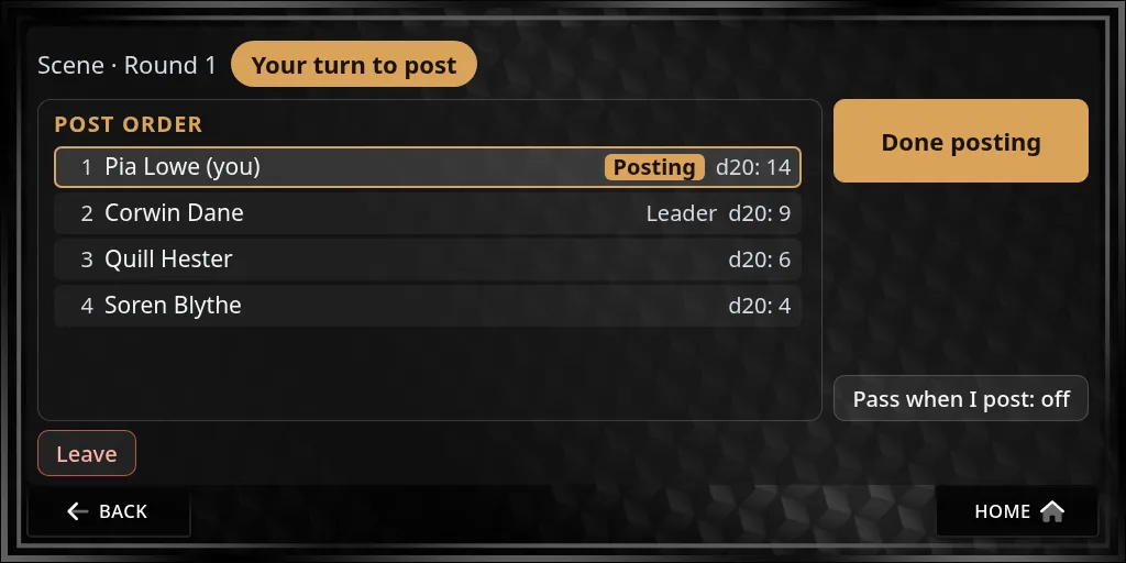 Your turn: Scene · Round 1, Your turn to post, you highlighted as Posting in the order, Done posting and Pass when I post: off