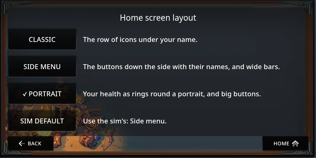 The Home screen layout page with Classic, Side menu, Portrait and Sim default, and Portrait ticked