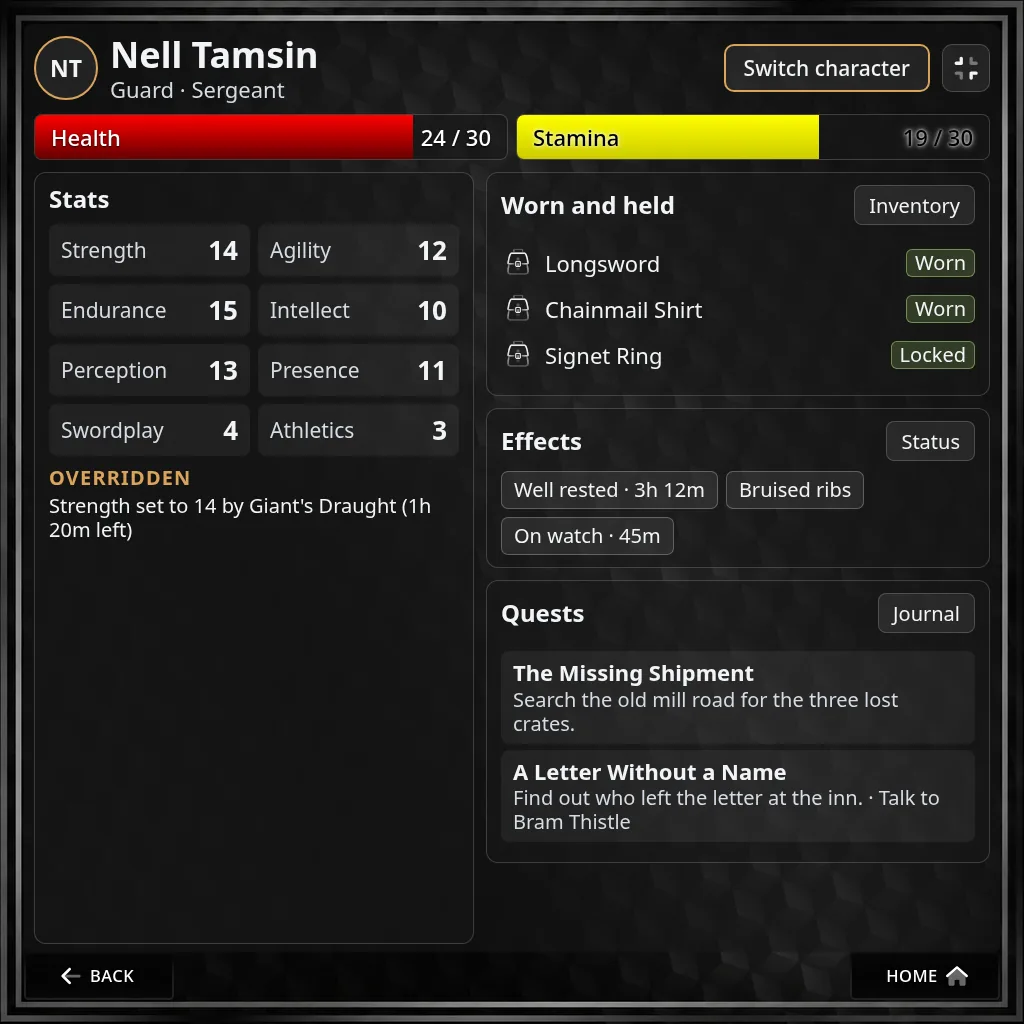 A character sheet on the HUD: bars, stats, worn gear, effects and quests