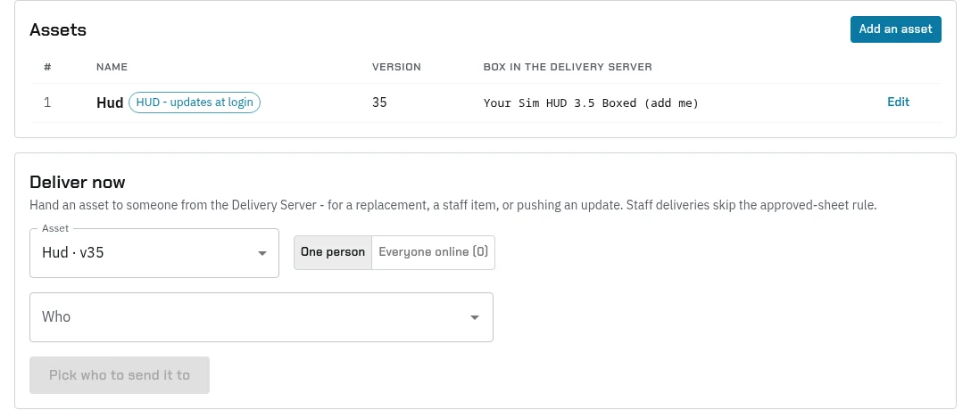 Assets & delivery: the Assets list with the HUD at version 35 and the name of its box in the Delivery Server, and Deliver now with an asset, One person or Everyone online, and who to send it to