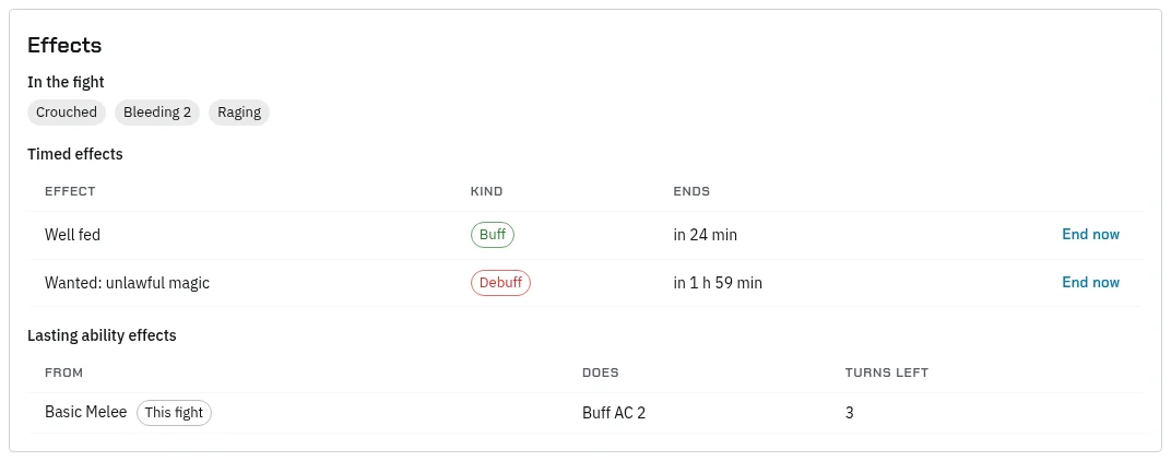 A character’s Effects tab: In the fight - Crouched, Bleeding 2, Raging; Timed effects - Well fed (Buff, ends in 24 min) and Wanted: unlawful magic (Debuff, ends in 1 h 59 min), each with End now; Lasting ability effects - Basic Melee, this fight, Buff AC 2, 3 turns left