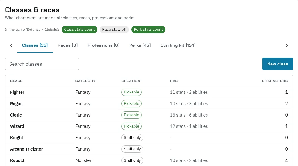 The Classes tab of Classes & races: each class with its category, whether players can pick it at creation or it’s staff only, its stats and abilities, and how many characters have it