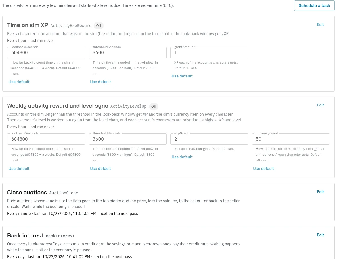 The Cron tab: Schedule a task, then Time on sim XP (ActivityExpReward) and Weekly activity reward and level sync (ActivityLevelUp) switched off, each saying what it does with its settings explained, and Close auctions and Bank interest with when they last ran
