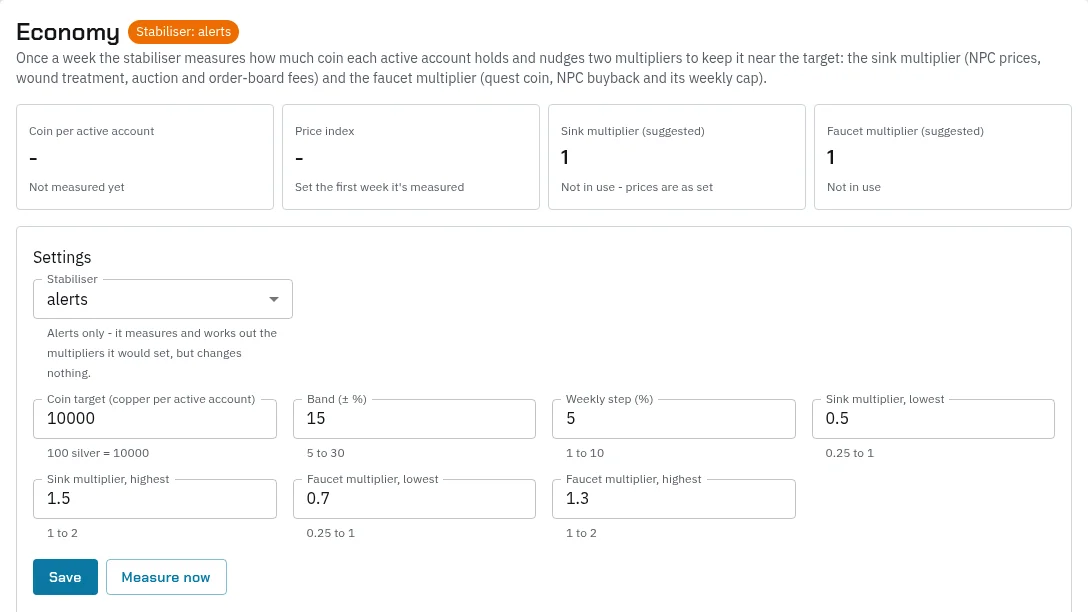 The Economy page: the stabiliser in alerts mode, cards for coin per active account, the price index and the suggested sink and faucet multipliers, then Settings with Stabiliser, the coin target, band, weekly step and each multiplier’s lowest and highest