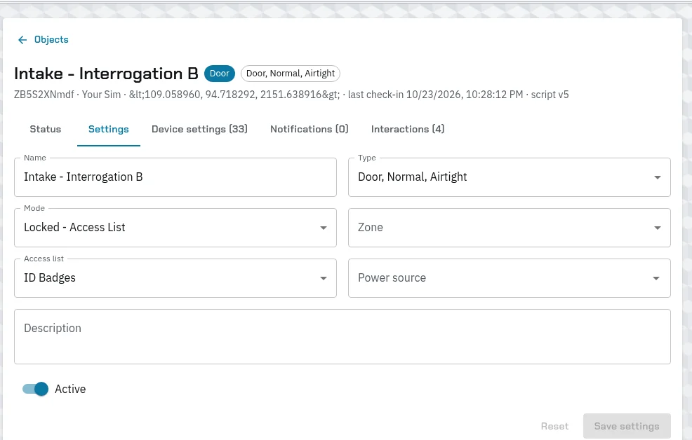 A door’s Settings tab: Name Intake - Interrogation B, Type Door, Normal, Airtight, Mode Locked - Access List, Access list ID Badges, Zone and Power source, Description, Active and Save settings