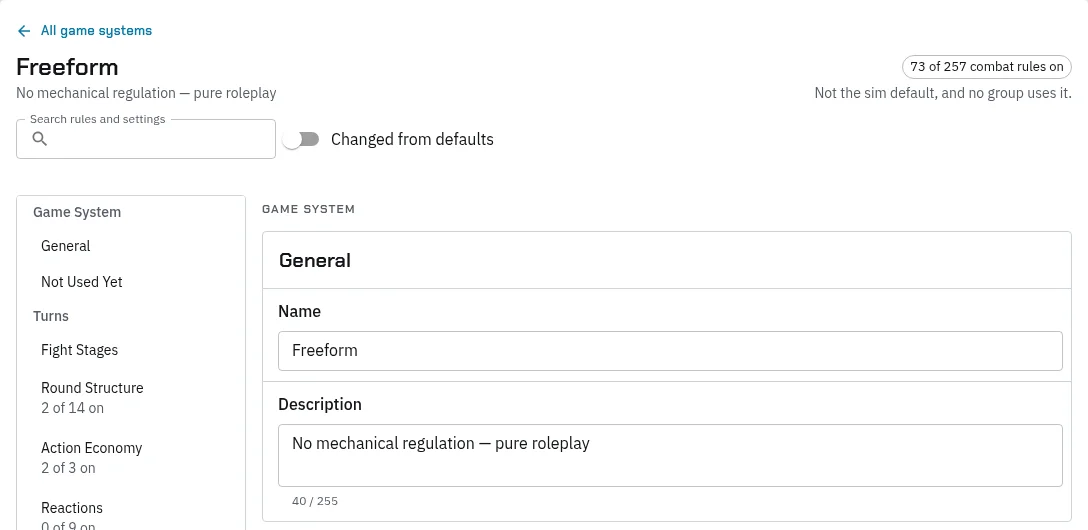 A game system’s page: Freeform, “73 of 257 combat rules on”, “Not the sim default, and no group uses it”, a search box and Changed from defaults, the sections down the left with how many rules each has on, such as Round Structure 2 of 14 on, and the General card with its name and description