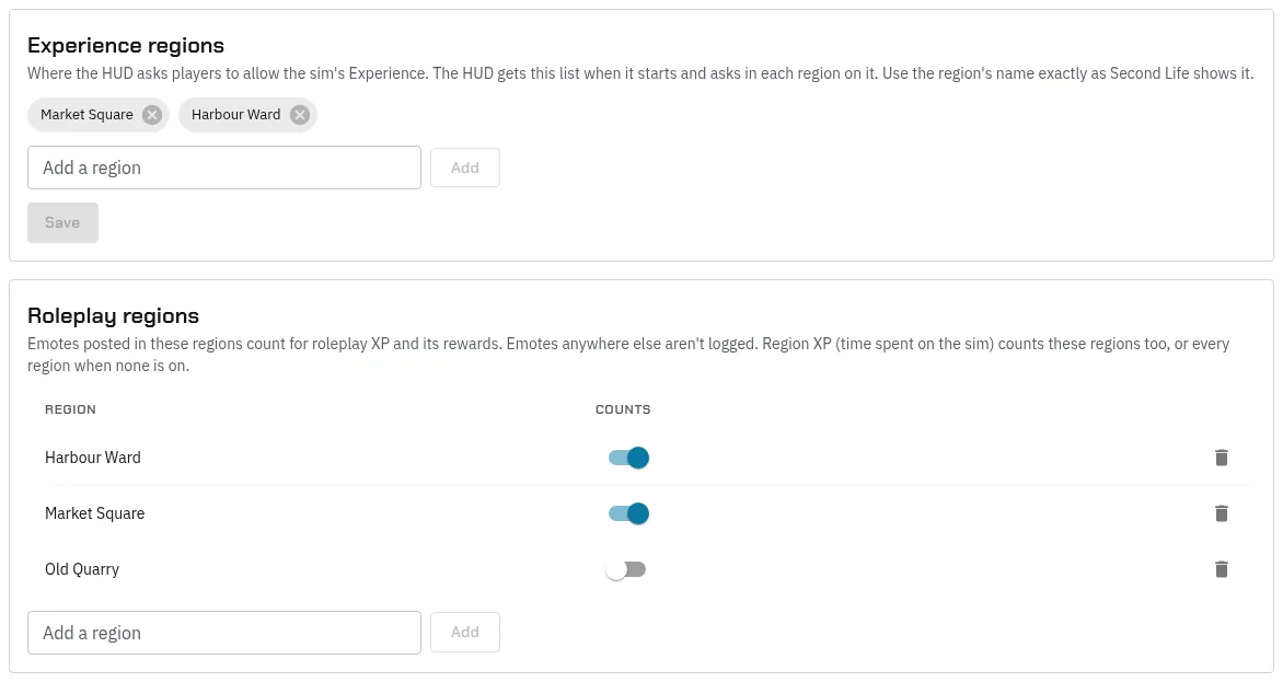 Server › Settings, Regions tab: Experience regions with Market Square and Harbour Ward, Add a region and Save; Roleplay regions with Harbour Ward and Market Square counting, Old Quarry switched off, and Add a region