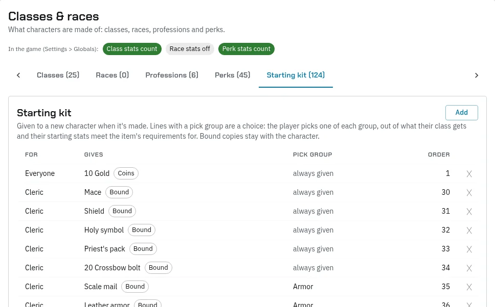 The Starting kit tab: 10 Gold for everyone, always given; a Cleric’s mace, shield, holy symbol, priest’s pack and crossbow bolts always given and bound; and a choice of scale mail, leather armor or chain mail in the Armor pick group