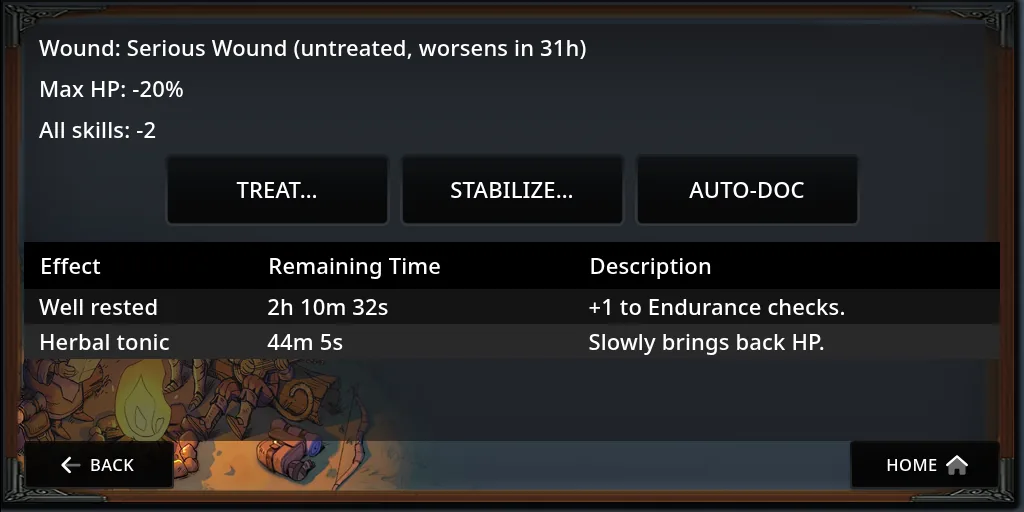 The Status page with an untreated wound that worsens in 31 hours, its Max HP and skill penalties, the Treat, Stabilize and self-treat buttons, and the effects list