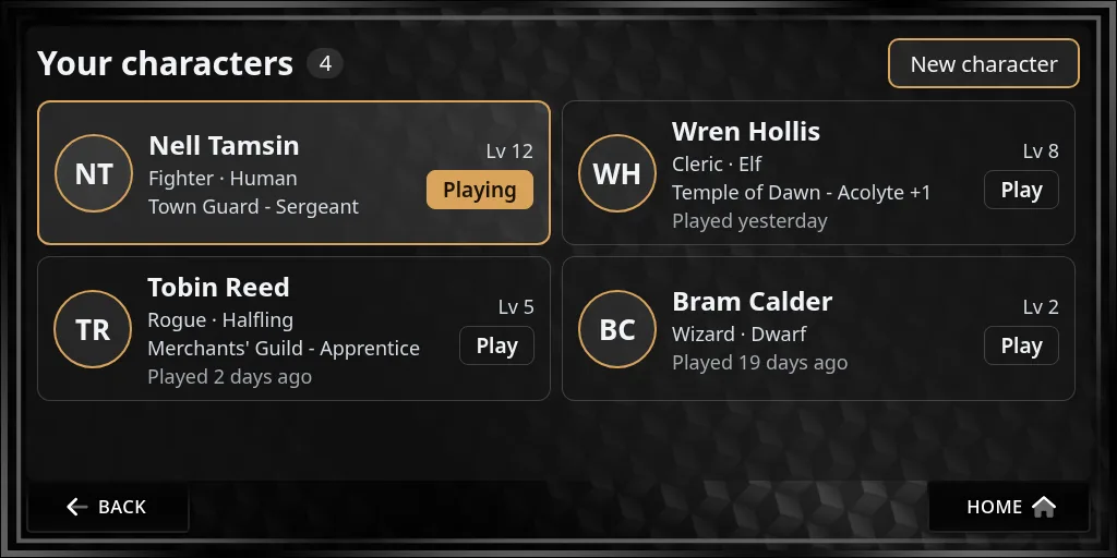 Switch character: Your characters, each a card with initials, class and race, group and rank, level and when it was last played; the one you’re playing first with Playing, Play on the others, and New character